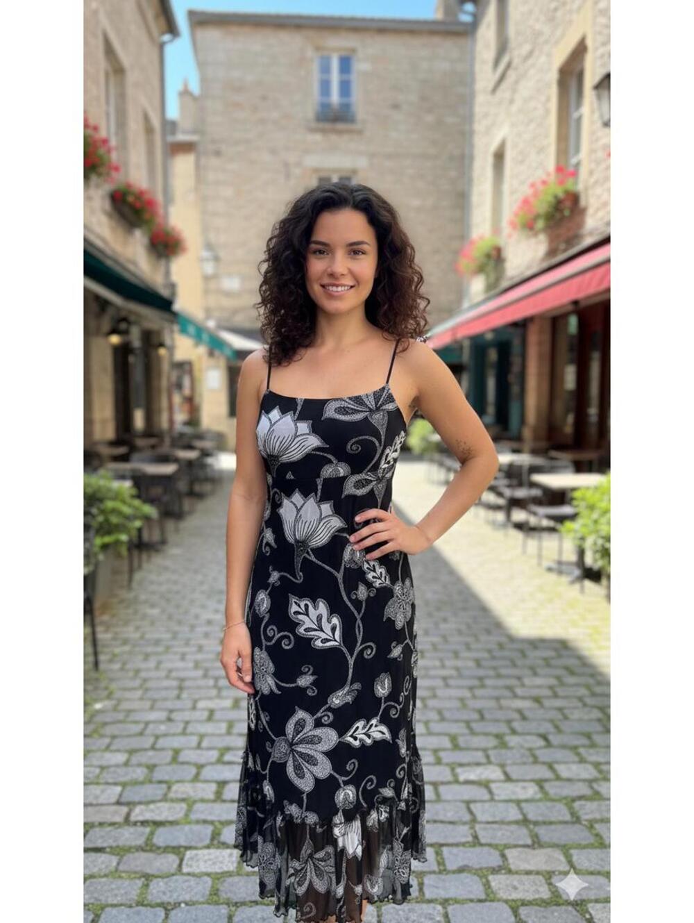 Vintage The Limited - Y2K Floral Slip Dress Black White Ruffle Midi - XS
